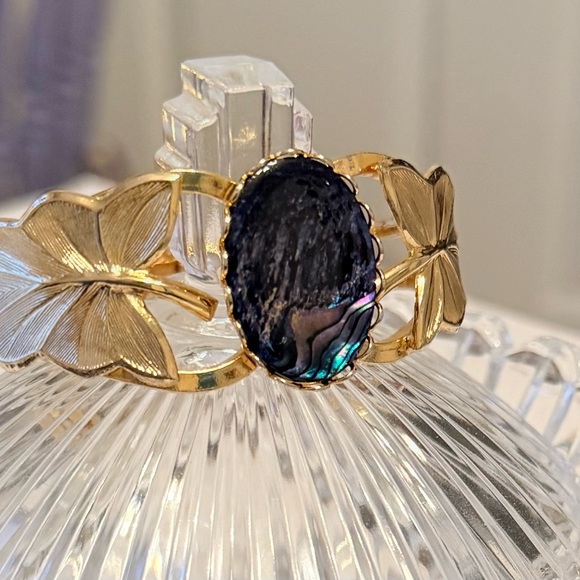 Vintage Gold Tone Hinged Bangle Bracelet w/Gemstone - Picture 5 of 16